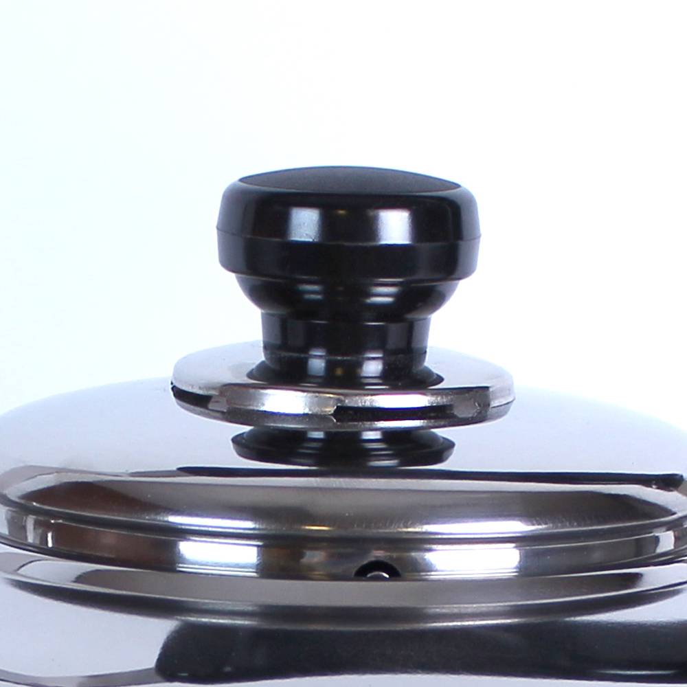 Close-up view of a black plastic knob on the polished stainless steel lid of a tea kettle, featured in Kitchen & Food and Brewing Coffee and Tea best sellers collections.