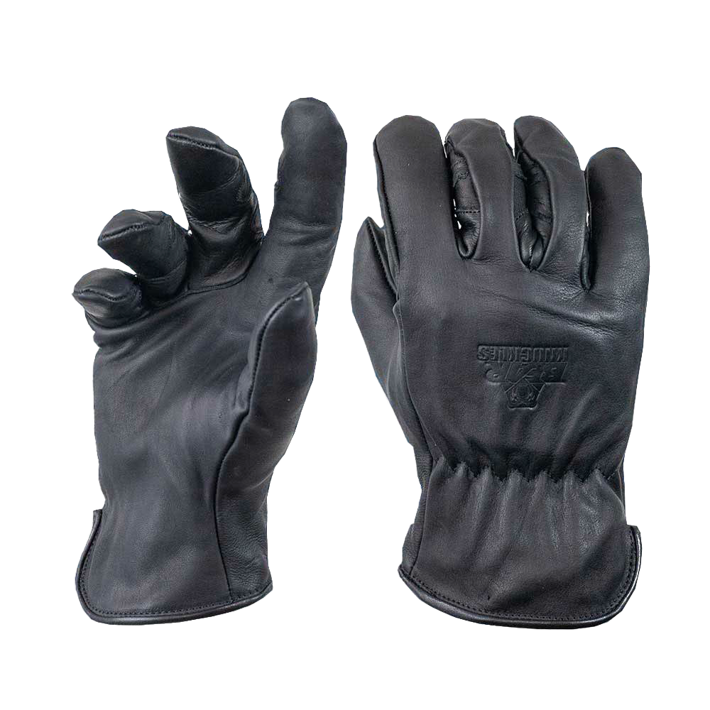 Pair of black fleece-lined cowhide driver gloves with an ergonomic extreme curved finger fit, winged thumb, waterproof protection, and durable construction, ideal for Health & Wellness, Farm, Garden & Tool, Hand Tools and Hardware, Clothing and Accessories, Best Sellers, and Promo Eligible collections.