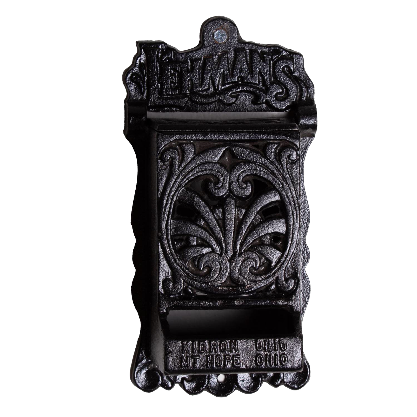 Handcrafted black cast iron wall-mounted matchbox holder with ornate vintage design and Lehman's branding, made in USA, ideal for Home & Decor, Household Helpers, and Best Sellers collections.