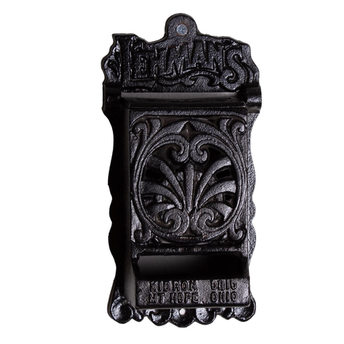 Handcrafted black cast iron wall-mounted matchbox holder with ornate vintage design and Lehman's branding, made in USA, ideal for Home & Decor, Household Helpers, and Best Sellers collections.