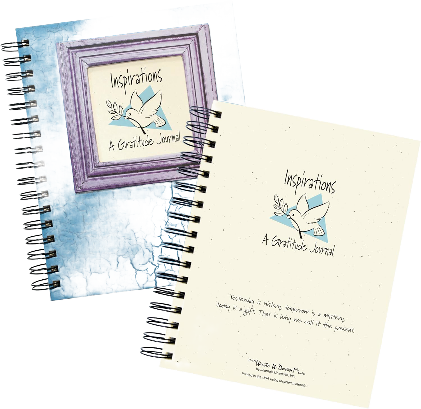 Two spiral-bound guided journals with one featuring a cracked blue cover and framed dove artwork, and the other a cream cover with inspirational text, part of heritage and lifestyle books collection.
