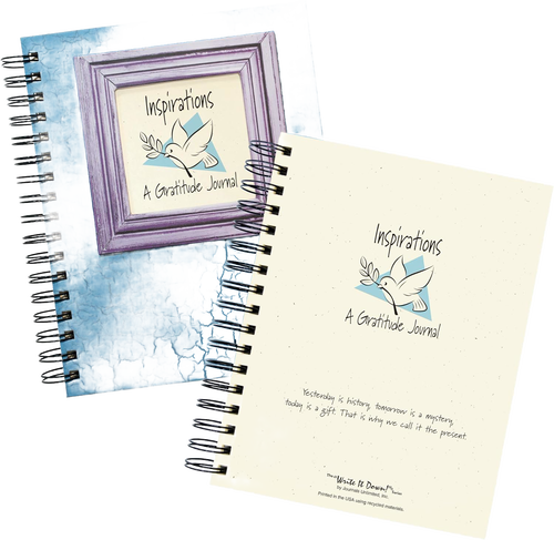 Two spiral-bound guided journals with one featuring a cracked blue cover and framed dove artwork, and the other a cream cover with inspirational text, part of heritage and lifestyle books collection.