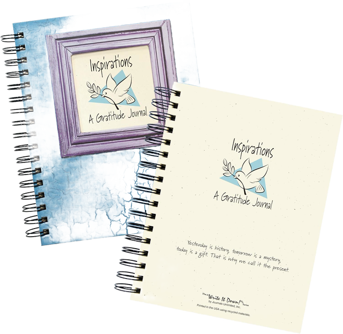 Two spiral-bound guided journals with one featuring a cracked blue cover and framed dove artwork, and the other a cream cover with inspirational text, part of heritage and lifestyle books collection.