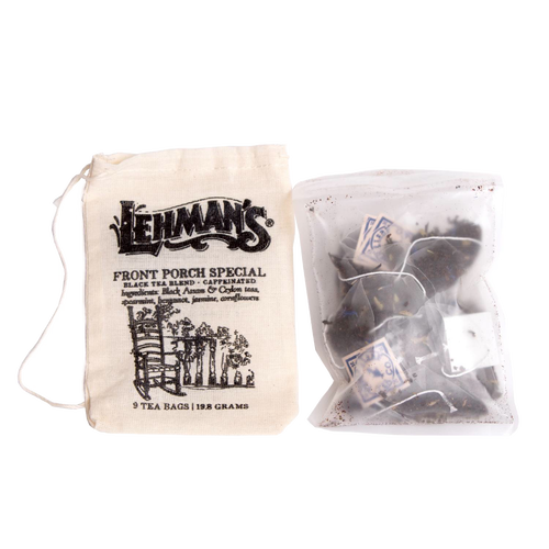Natural cloth drawstring bag with printed logo containing nine handcrafted tea bags of black tea blend, accompanied by a clear resealable pouch, part of Kitchen & Food, Brewing Coffee and Tea, USA Made, and Best Sellers collections.