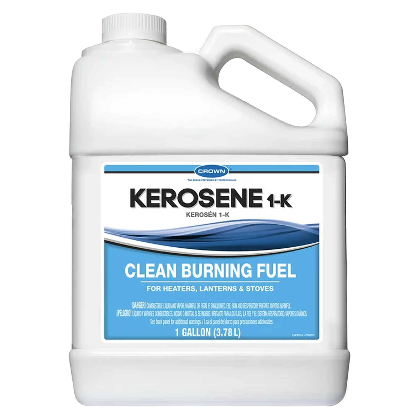 One-gallon white plastic container of Crown 1-K clean burning fuel made in USA, designed for heaters, lanterns, stoves, and included in farm, garden, emergency supplies, and lamp fuel collections.