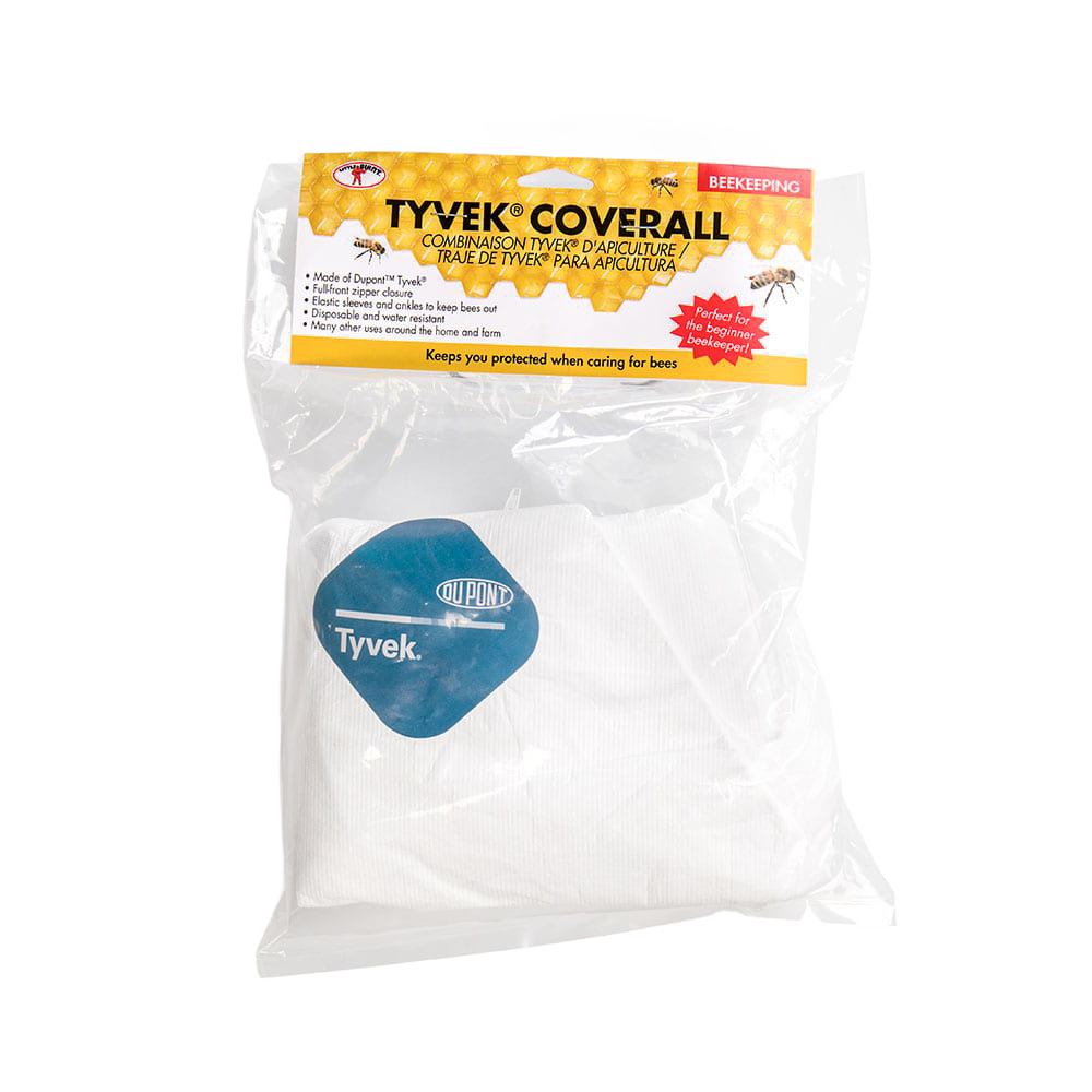 Clear plastic packaging containing white Tyvek coveralls designed for protection during beekeeping, featured in Farm, Garden & Tool and Beekeeping Supplies collections.