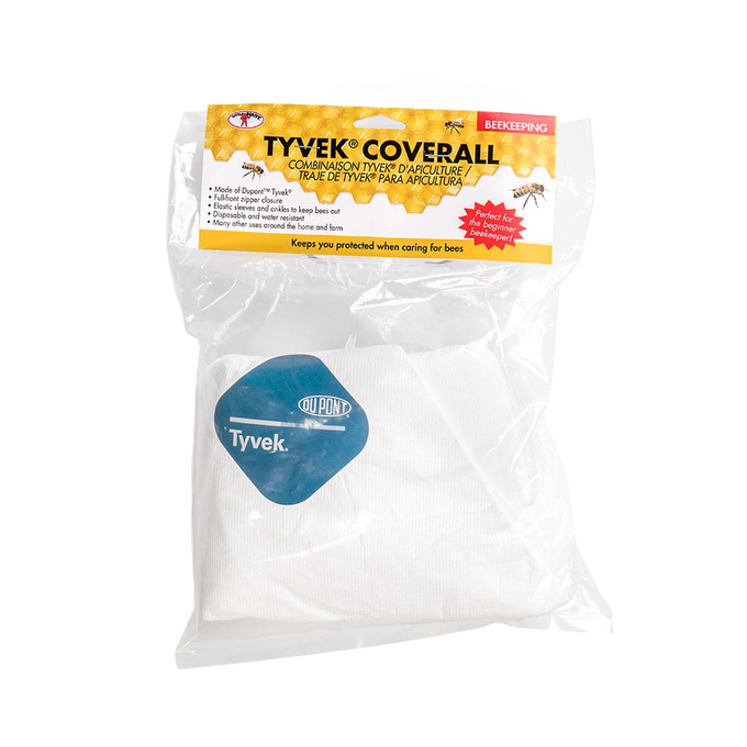 Clear plastic packaging containing white Tyvek coveralls designed for protection during beekeeping, featured in Farm, Garden & Tool and Beekeeping Supplies collections.