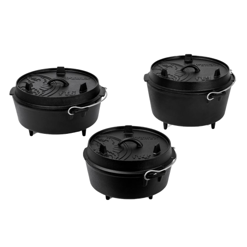 Three black cast iron Dutch ovens with three legs and fitted embossed lids featuring metal bail handles, designed for versatile cooking in Kitchen & Food, Cookware, Cast Iron, Best Sellers, and Promo Eligible collections.