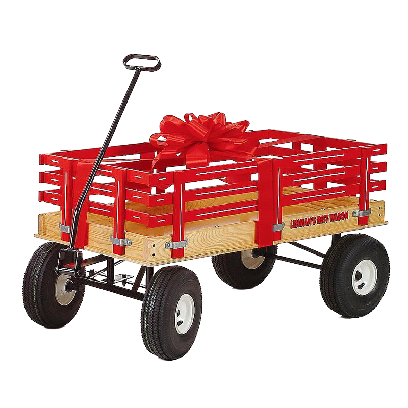 Handcrafted red wooden wagon with sturdy metal frame, air-filled rubber tires, and a large decorative bow, part of USA Made, Amish Made, Children's Toys, and Outdoor Play collections.
