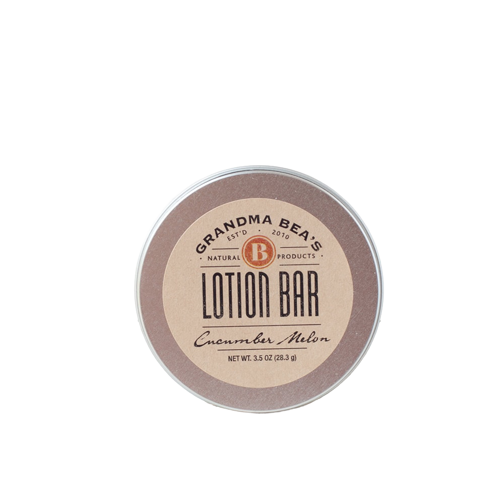 Round tin of handcrafted all-natural lotion bar with cucumber melon scent, made in USA, featured in Health & Wellness, Balms, Creams and Lotions, Grooming and Personal Hygiene, USA Made, Best Sellers, and Promo Eligible collections.