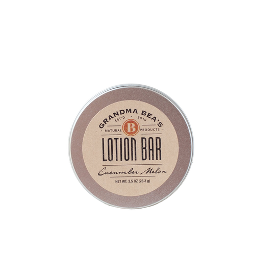 Round tin of handcrafted all-natural lotion bar with cucumber melon scent, made in USA, featured in Health & Wellness, Balms, Creams and Lotions, Grooming and Personal Hygiene, USA Made, Best Sellers, and Promo Eligible collections.