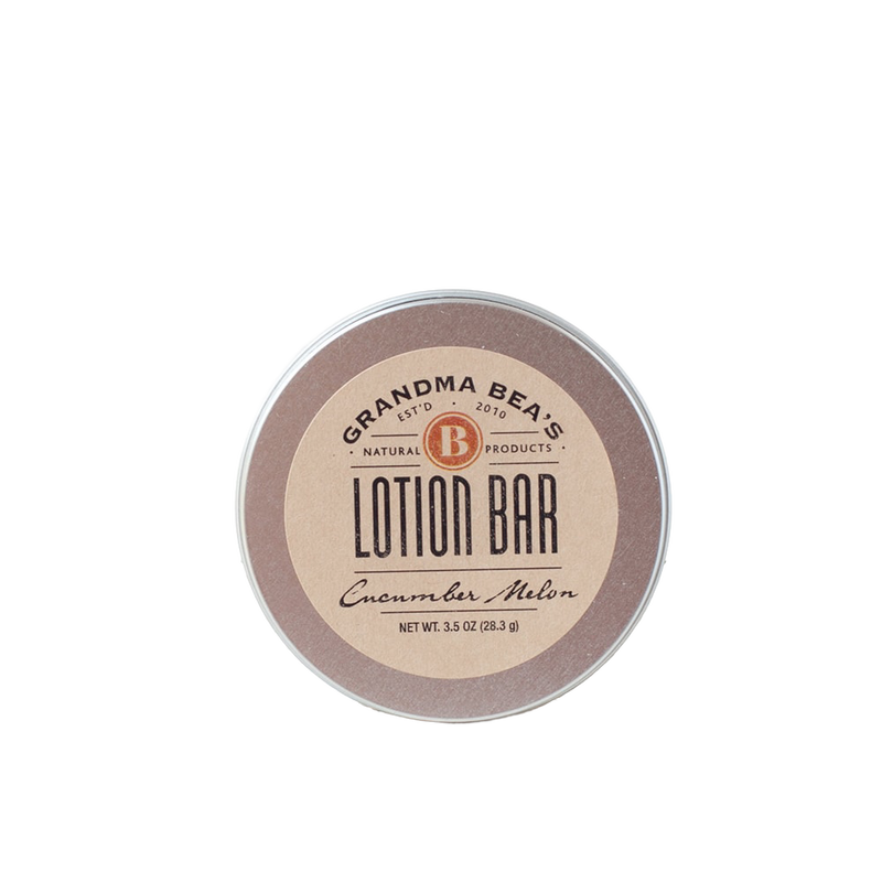 Round tin of handcrafted all-natural lotion bar with cucumber melon scent, made in USA, featured in Health & Wellness, Balms, Creams and Lotions, Grooming and Personal Hygiene, USA Made, Best Sellers, and Promo Eligible collections.