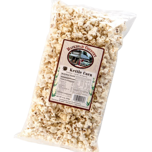 Clear bag of handcrafted kettle corn with crunchy, sweet popcorn inside, made in USA, ideal for Kitchen & Food, Snacks and Sweets, Popcorn, and Best Sellers collections.