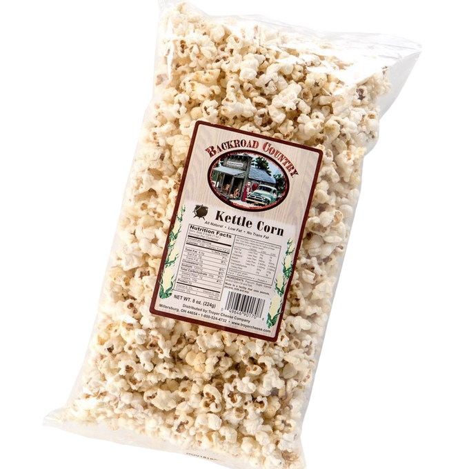 Clear bag of handcrafted kettle corn with crunchy, sweet popcorn inside, made in USA, ideal for Kitchen & Food, Snacks and Sweets, Popcorn, and Best Sellers collections.