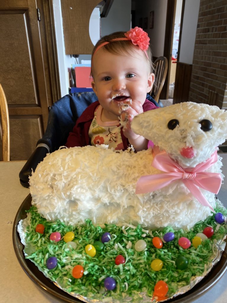 daughter enjoying lamb cake