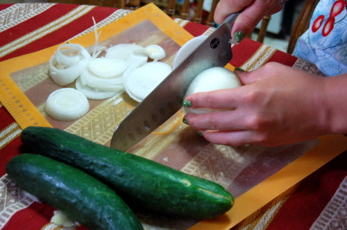 Slice onions and cukes thinly!