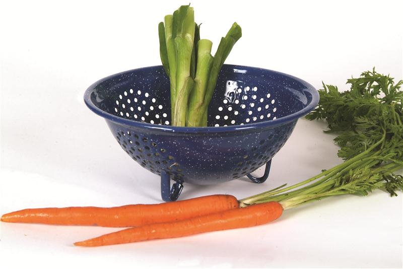 With a 9-inch diameter, Lehman's Enamelware colander will fit over stockpots for easy straining. At Lehmans.com.