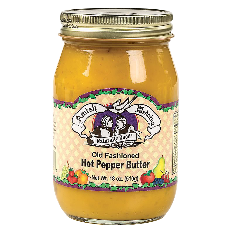 Glass jar of handcrafted Old Fashioned Hot Pepper Butter with a rich, golden texture, Amish made in USA, ideal for Kitchen & Food, Pantry, Best Sellers, and USA Made collections.