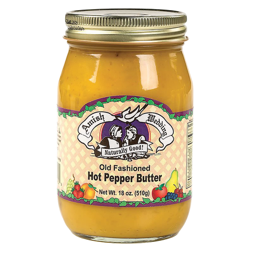 Glass jar of handcrafted Old Fashioned Hot Pepper Butter with a rich, golden texture, Amish made in USA, ideal for Kitchen & Food, Pantry, Best Sellers, and USA Made collections.