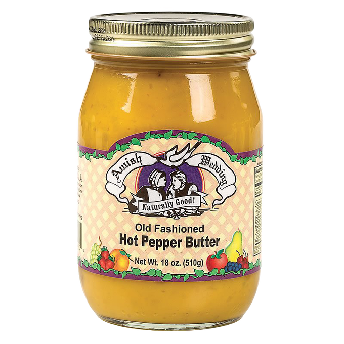 Glass jar of handcrafted Old Fashioned Hot Pepper Butter with a rich, golden texture, Amish made in USA, ideal for Kitchen & Food, Pantry, Best Sellers, and USA Made collections.