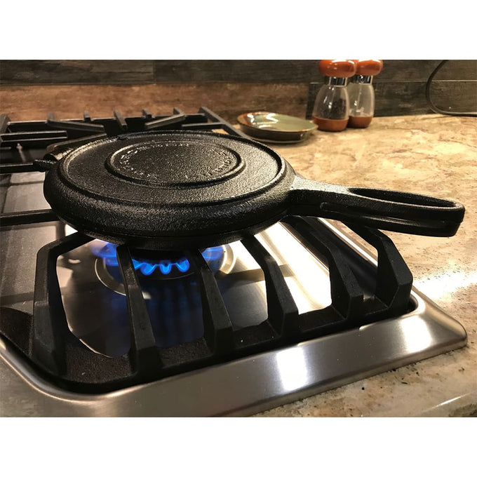 Pre-seasoned stovetop cast iron waffle maker with detachable halves cooking over a gas burner, featured in Farm, Garden & Tool, Kitchen & Food, Cookware, and Cast Iron collections.