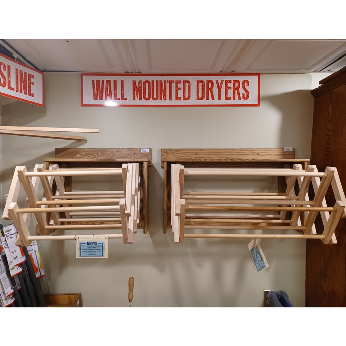 Handcrafted Amish made wooden accordion-style wall clothes dryers with multiple drying rods and sturdy wall mounts, perfect for Home & Decor, Laundry Supplies, and USA Made collections.