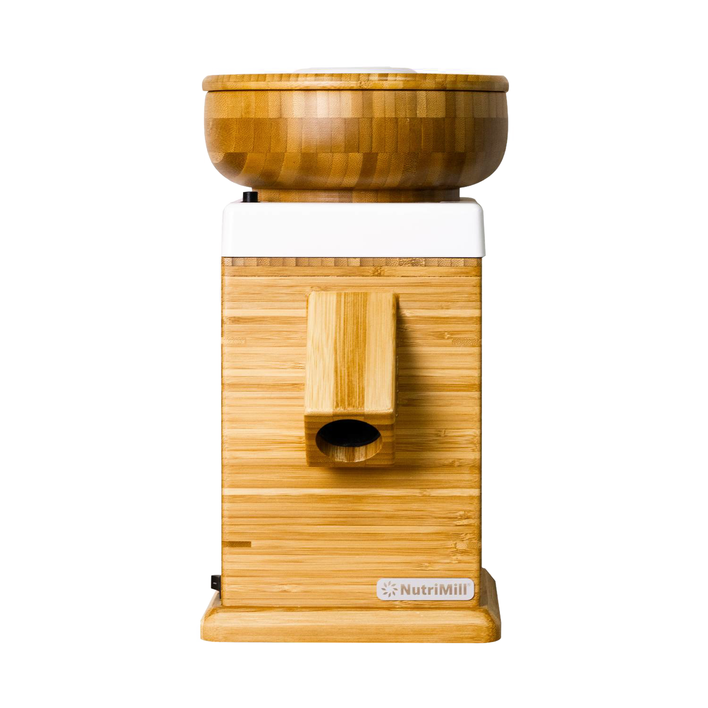Front view of an electric grain mill with a natural bamboo body and wooden grain hopper, designed for Kitchen & Food, Grain Mills, Best Sellers, and Bread Making Supplies collections.