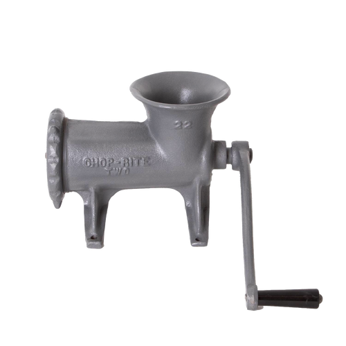 Gray cast iron hand-crank bolt-down meat grinder with embossed brand name and number, featuring durable Xylon coating for corrosion resistance, ideal for Kitchen & Food and Butchering Supplies collections.