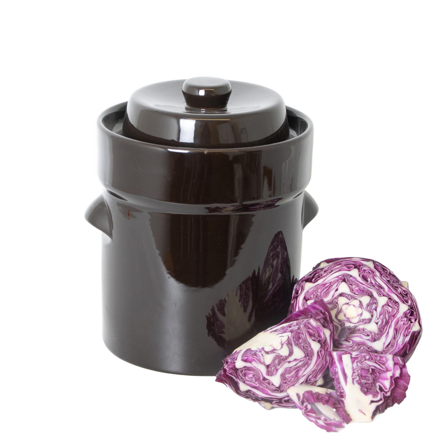 Handcrafted dark brown stoneware fermenting crock with lid, accompanied by fresh purple cabbage pieces, ideal for Kitchen & Food, Food Preservation, Fermenting and Pickling, and Best Sellers collections.