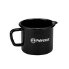 Black enameled steel milk pot with handle and spout, handcrafted for durable use in camping, cookware, kitchen, farm, garden, and best sellers collections.