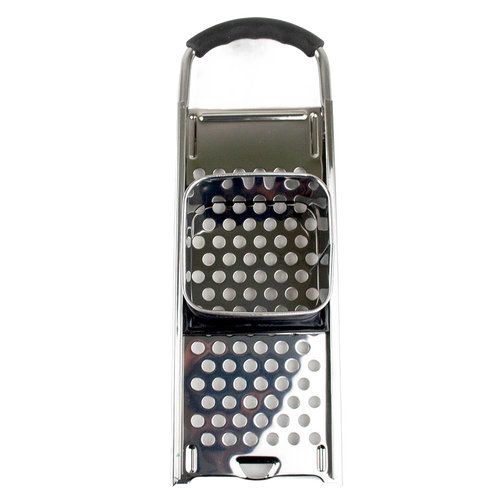 Handcrafted spaetzle maker featuring a sliding square hopper and polished stainless steel grater with ergonomic black handle, perfect for Kitchen & Food, Cookware, and Baking Supplies collections.