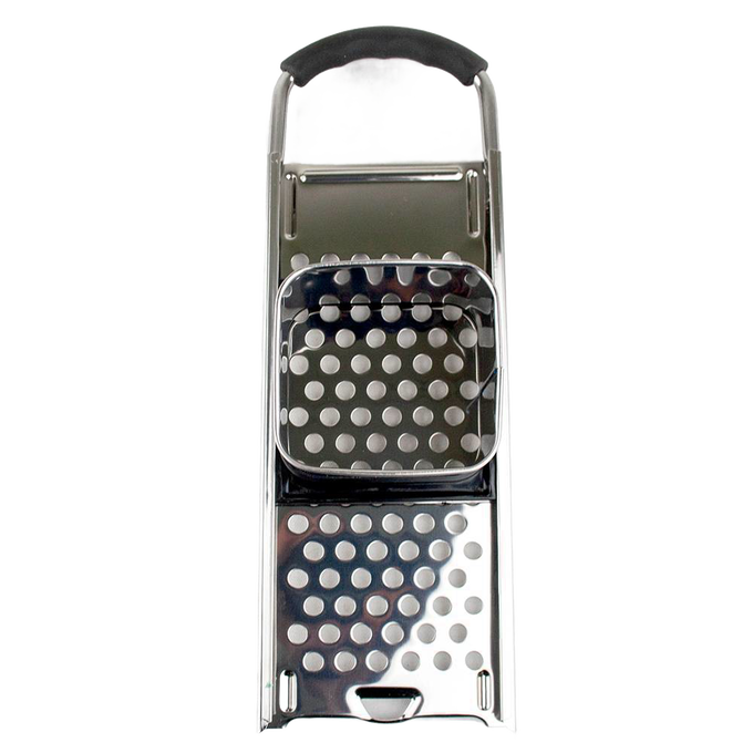 Handcrafted spaetzle maker featuring a sliding square hopper and polished stainless steel grater with ergonomic black handle, perfect for Kitchen & Food, Cookware, and Baking Supplies collections.