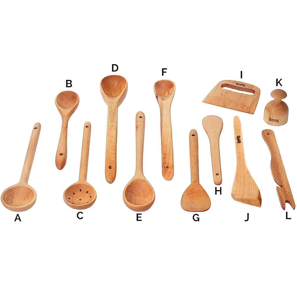 Collection of handcrafted American Hard Maple wooden cooking utensils including ladles, spoons, scraper, and dough cutter, designed for Kitchen & Food, Holiday Hosting, and USA Made collections.