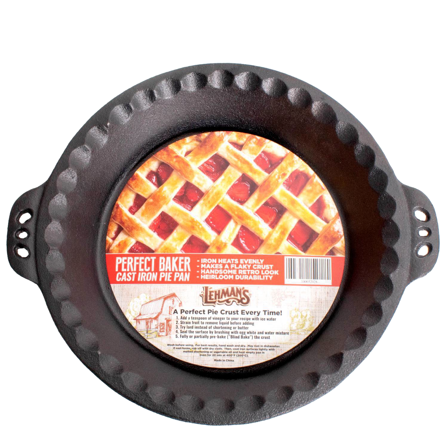 Handcrafted cast iron pie pan with decorative crimped edges and dual handles, designed for even heat distribution and durability, perfect for Kitchen & Food, Cookware, Cast Iron, Baking Supplies, Best Sellers, and Promo Eligible collections.
