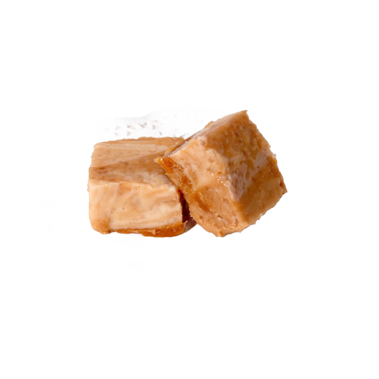 Two handcrafted creamy caramel-colored fudge pieces resting on a delicate white paper doily, featured in Kitchen & Food, Snacks and Sweets, USA Made, and Best Sellers collections.