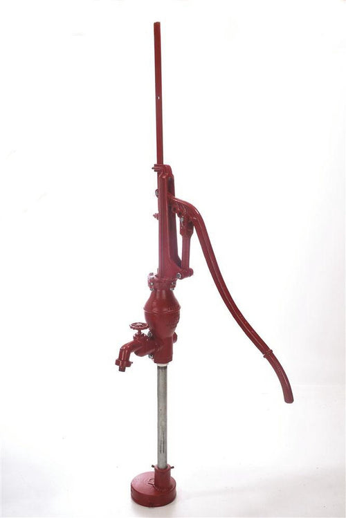 Traditional handcrafted deep well lift pump in red with metal base and long handle, built for durable everyday yard use in water pumps, USA made, appliances, and deep well pump collections.