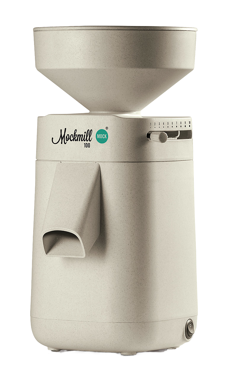 Beige electric stone grain mill with large hopper and adjustable grinding settings, designed for effortless home flour milling, featured in Kitchen & Food, Grain Mills, Best Sellers, and New collections.