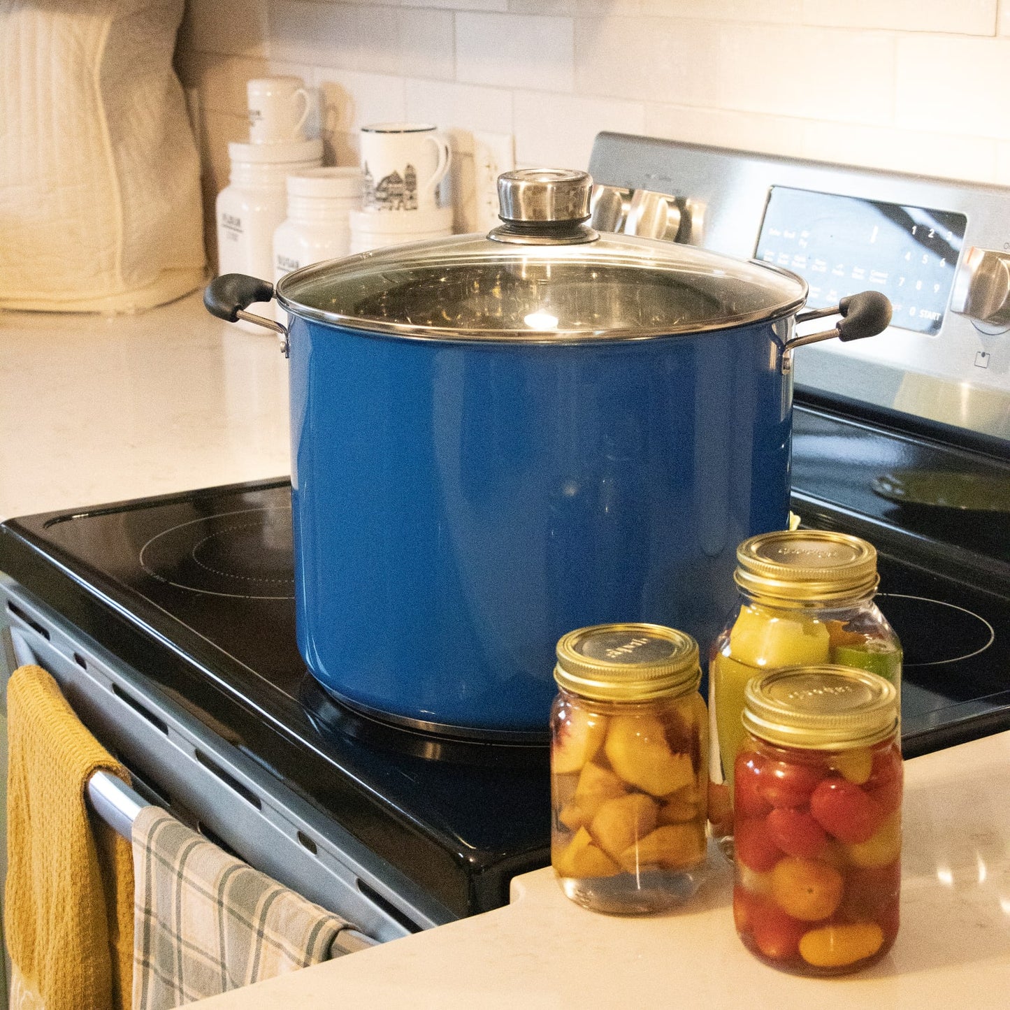 Sturdy blue water bath canner with glass lid and black handles on stove, accompanied by three jars of preserved fruits, part of Kitchen & Food, Food Preservation, and Canning collections.