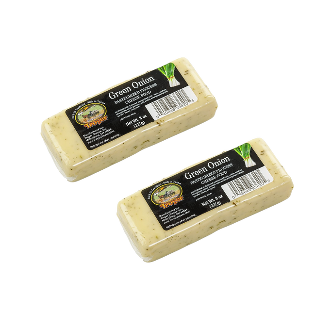 Two handcrafted shelf-stable green onion cheese food blocks in 8-ounce packs, made in USA, ideal for Kitchen & Food, Snacks and Sweets, Pantry, USA Made, Best Sellers, and Promo Eligible collections.