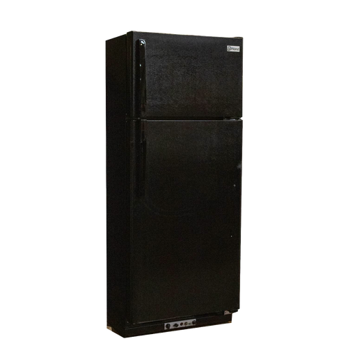 Tall black gas refrigerator with top freezer compartment, handcrafted and Amish made, ideal for Appliances, Refrigerators and Freezers, Best Sellers, and All Stoves & Appliances collections.