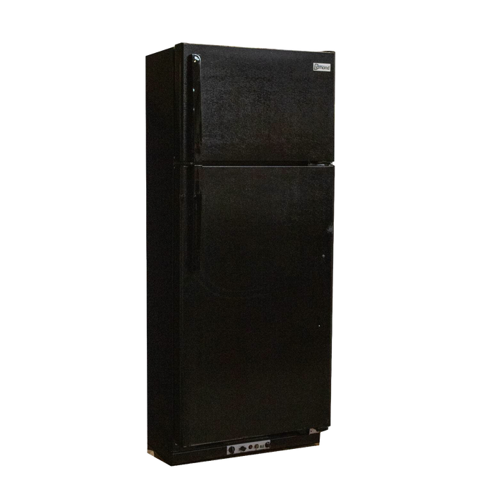 Tall black gas refrigerator with top freezer compartment, handcrafted and Amish made, ideal for Appliances, Refrigerators and Freezers, Best Sellers, and All Stoves & Appliances collections.