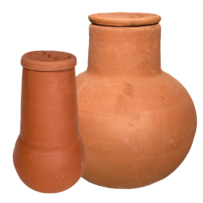 Two handcrafted unglazed terra cotta watering pots with lids in natural clay color, designed for slow water release in container gardens and small planting areas, featured in Farm, Garden & Tool and Garden Accessories collections.