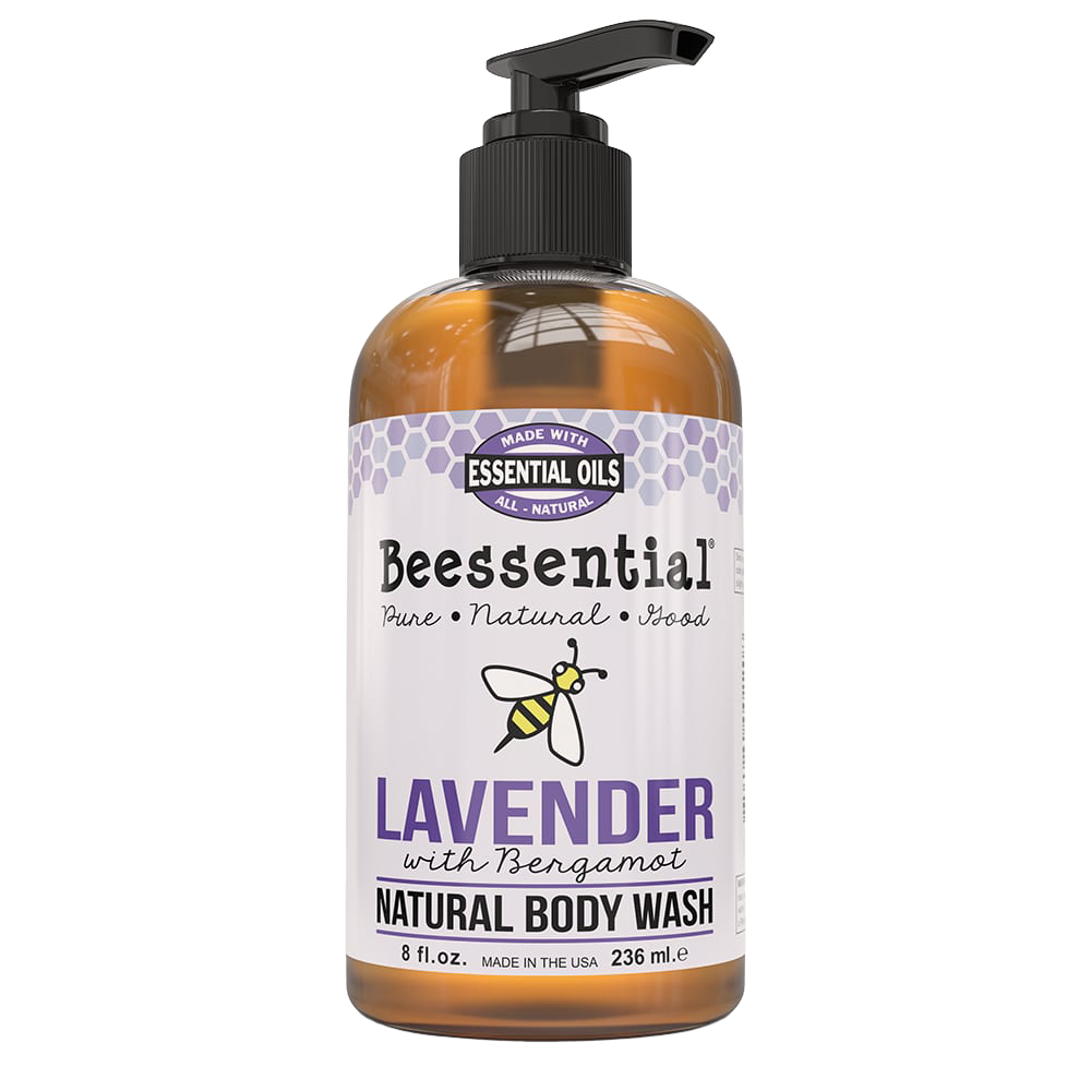 Amber 8 oz pump bottle of natural lavender and bergamot body wash made with essential oils, handcrafted in the USA, featured in Health & Wellness, Soaps, USA Made, and Best Sellers collections.