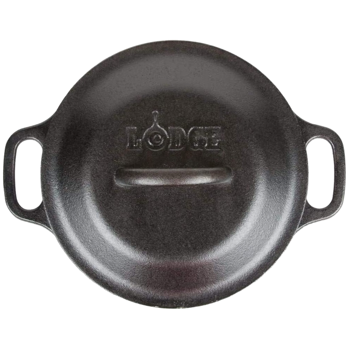 Heavy-duty cast iron Dutch oven lid embossed with brand name, featuring sturdy handle for secure grip, handcrafted for longevity in Kitchen & Food, Cookware, Cast Iron, USA Made collections.