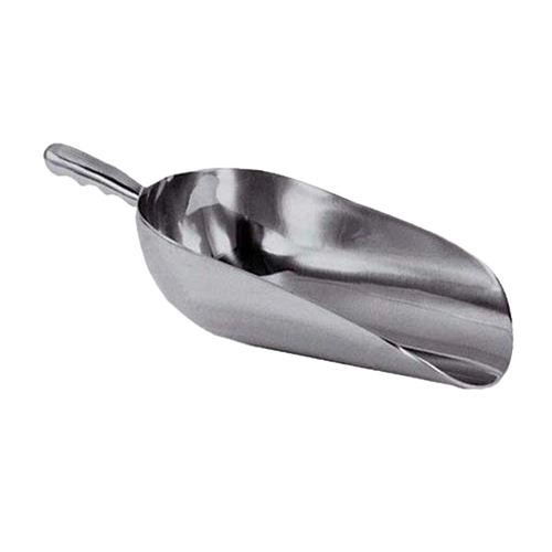Heavy-duty cast aluminum grain scoop with a smooth buffed finish and ergonomic handle, perfect for farm, garden, bulk grain use, featured in Farm Tools, Best Sellers, and Promo Eligible collections.