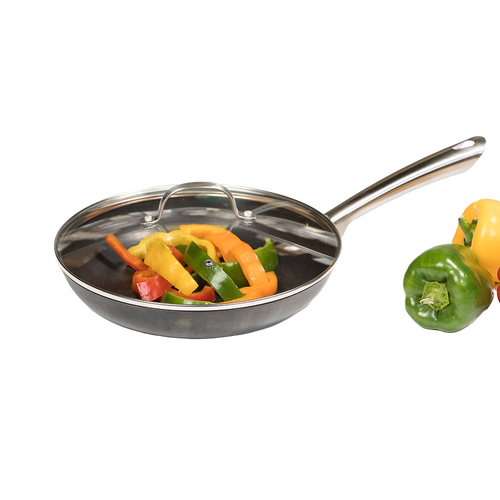 Handcrafted nitrogen hardened cast iron skillet with a smooth stainless steel handle and clear glass lid, shown with colorful sliced bell peppers, ideal for Kitchen & Food, Cookware, Cast Iron, Best Sellers, Promo Eligible, and Sale collections.