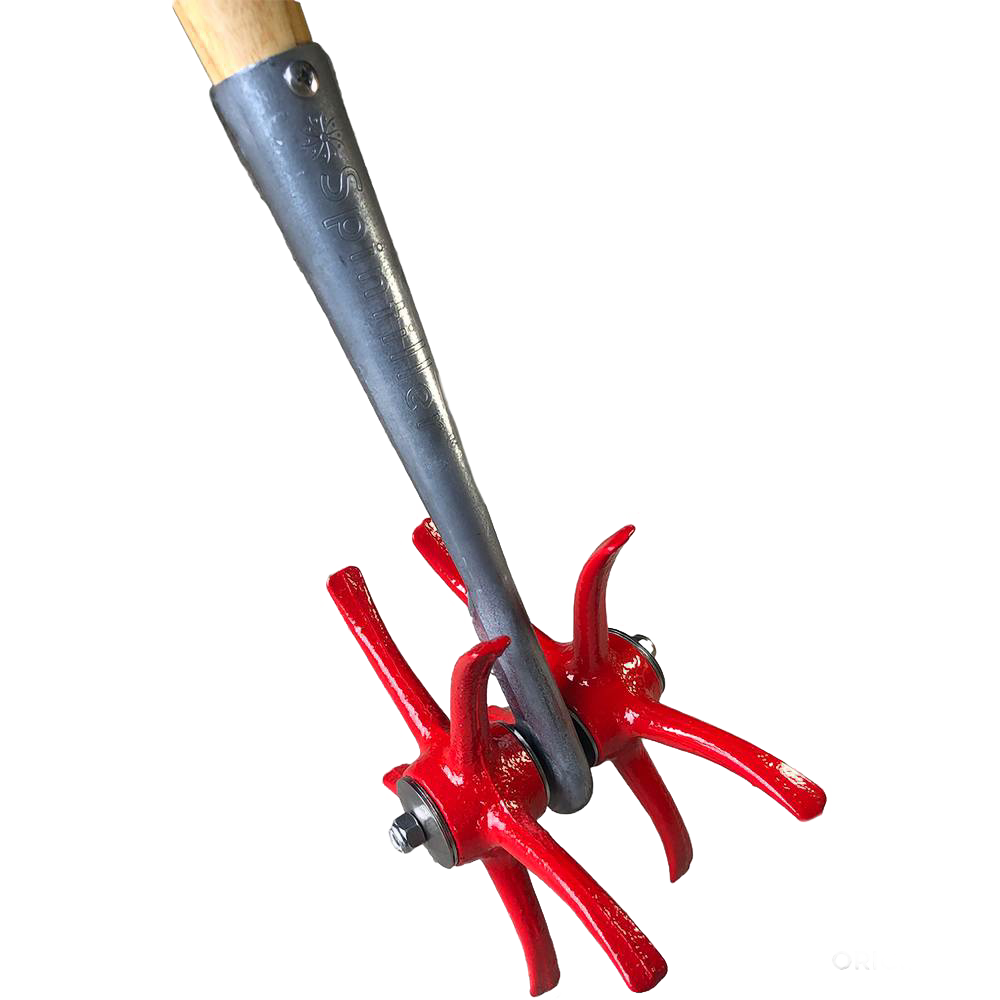 Close-up view of a hand tool featuring sturdy red curved planting tines attached to a metal arm with a wooden handle, designed for effective soil cultivation in farm, garden, and tool collections.