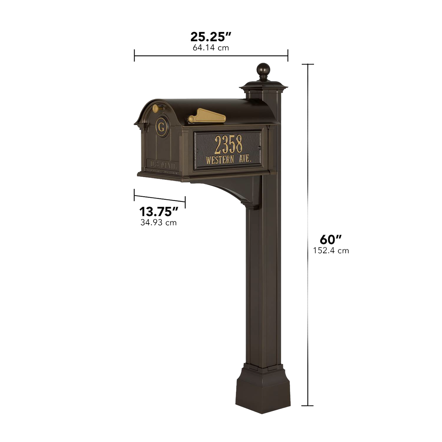 Handcrafted bronze and gold mailbox with monogrammed detail and personalized street address, designed to enhance curb appeal in Home & Decor and USA Made collections.
