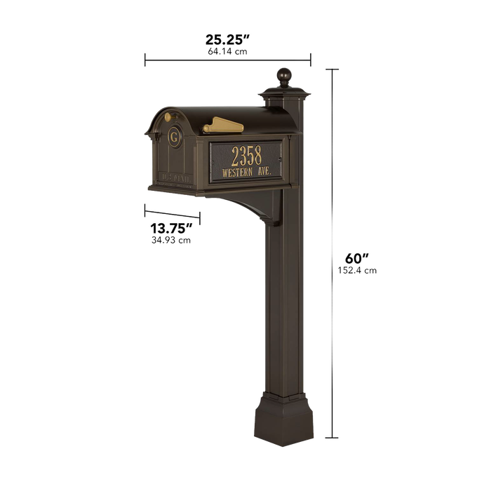 Handcrafted bronze and gold mailbox with monogrammed detail and personalized street address, designed to enhance curb appeal in Home & Decor and USA Made collections.