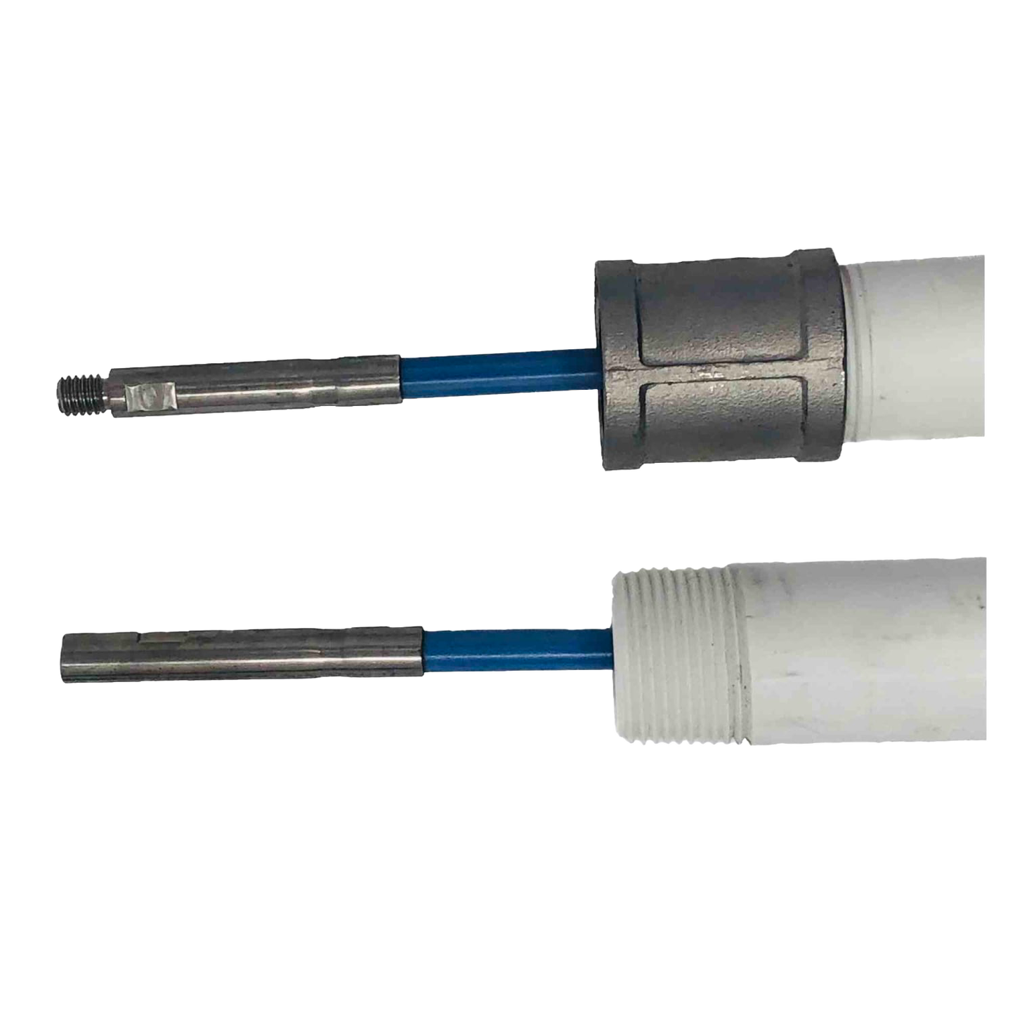 Close-up of two simple pump drop pipe connectors with metal lift rods and white PVC pipe sections, handcrafted in USA, suitable for water pumps, deep well pumps, and pump parts collections.